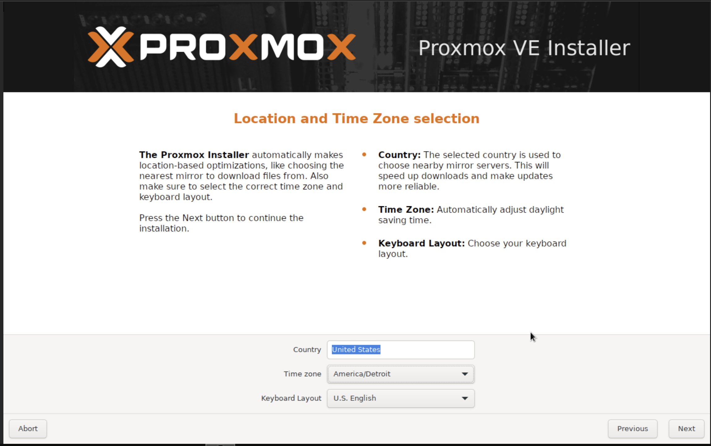Proxmox Location Selection Screen
