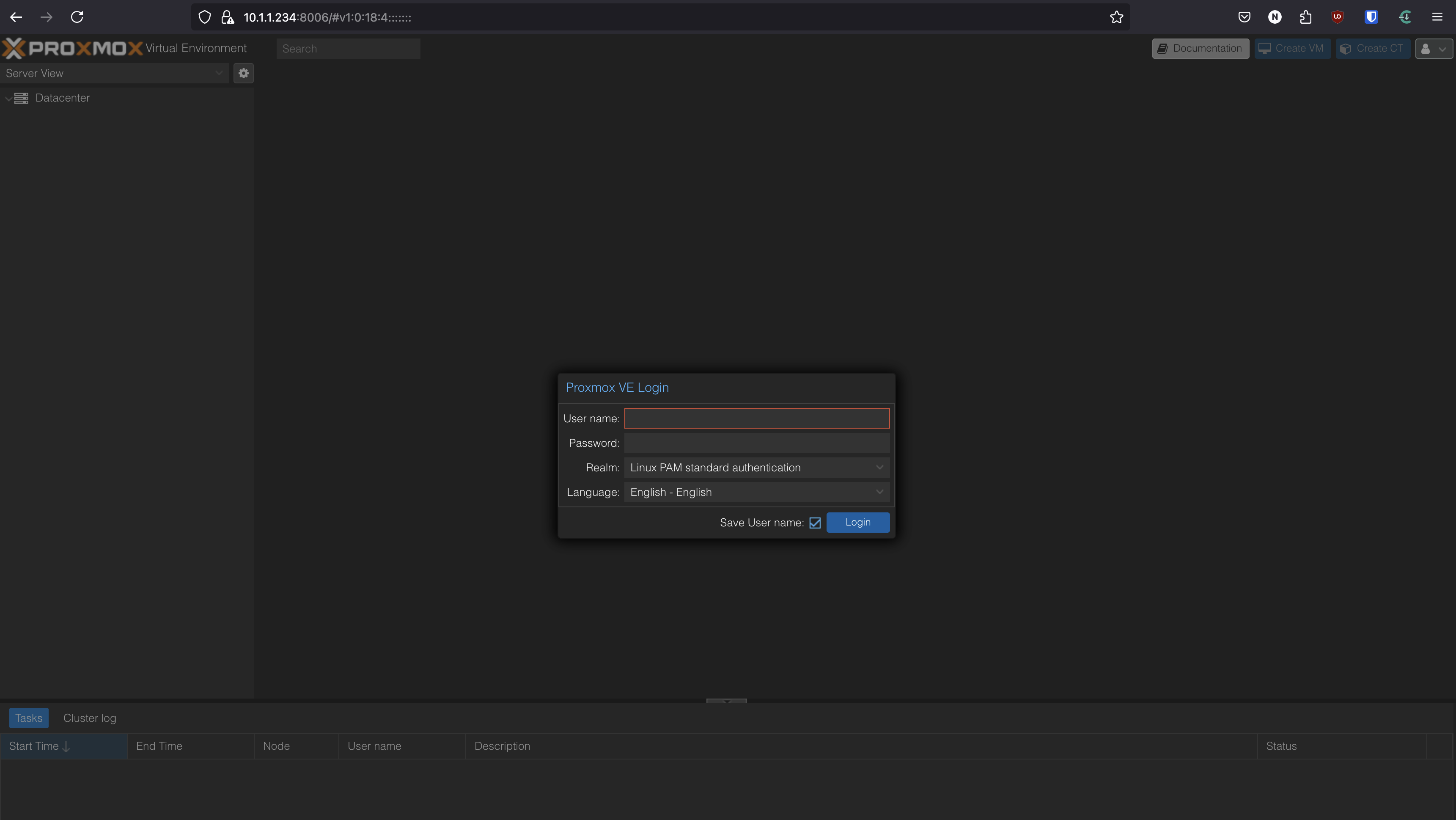 Proxmox Login Screen