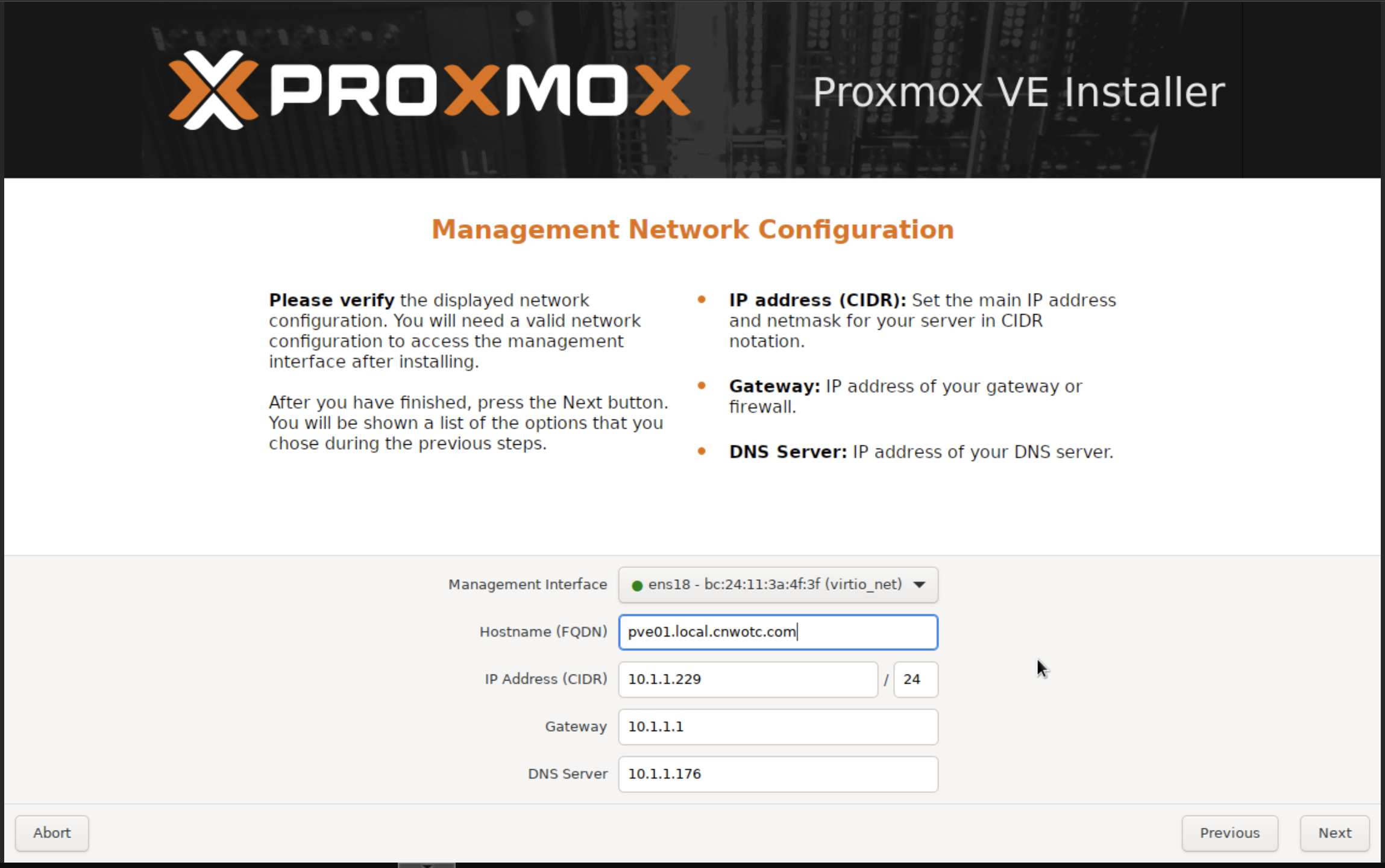 Proxmox Network Selection Screen