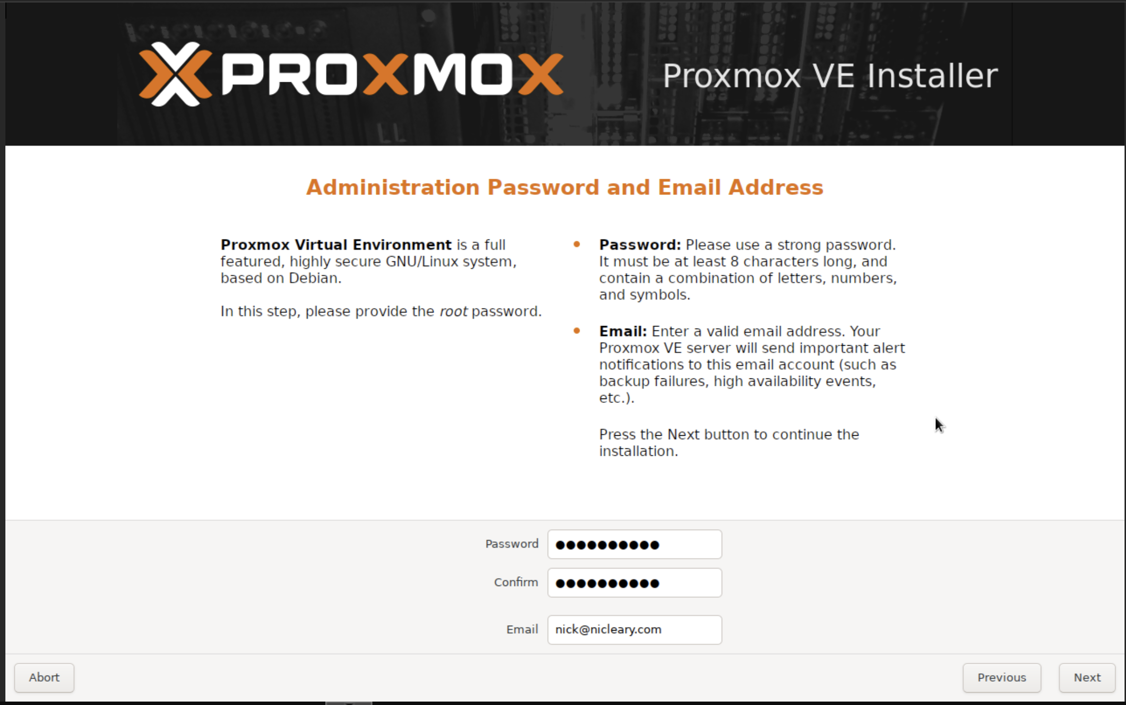Proxmox Password Email Screen