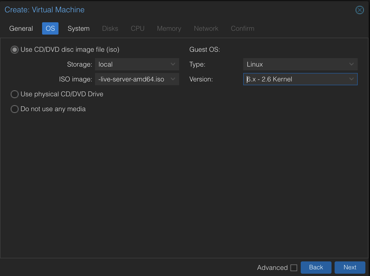 VM OS Selection Creation Screen