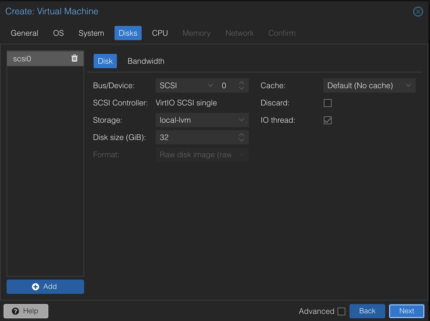 VM Disk Creation Screen