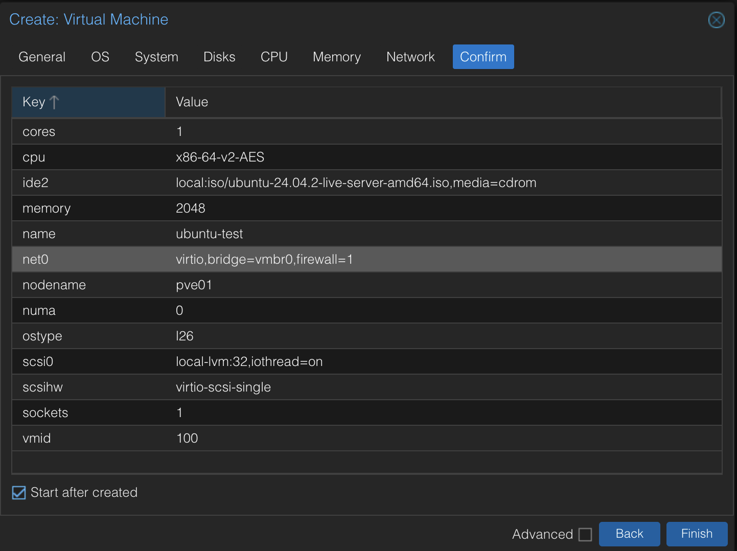 VM Confirmation Screen
